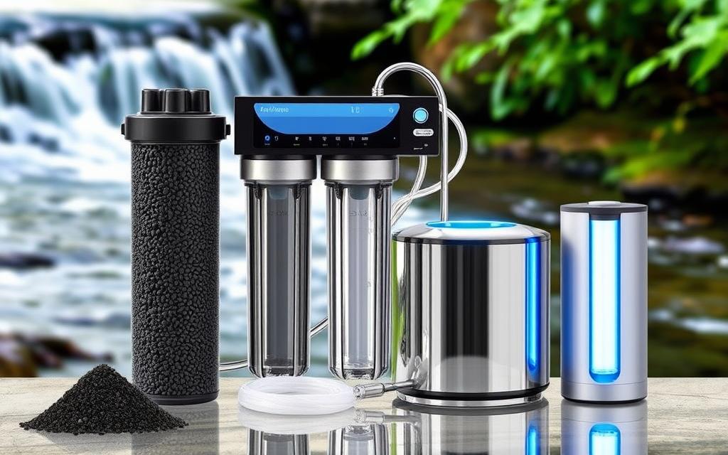 Types of water filtration systems including activated carbon filters, reverse osmosis system, and UV water purification Types of water filtration systems including activated carbon filters, reverse osmosis system, and UV water purification